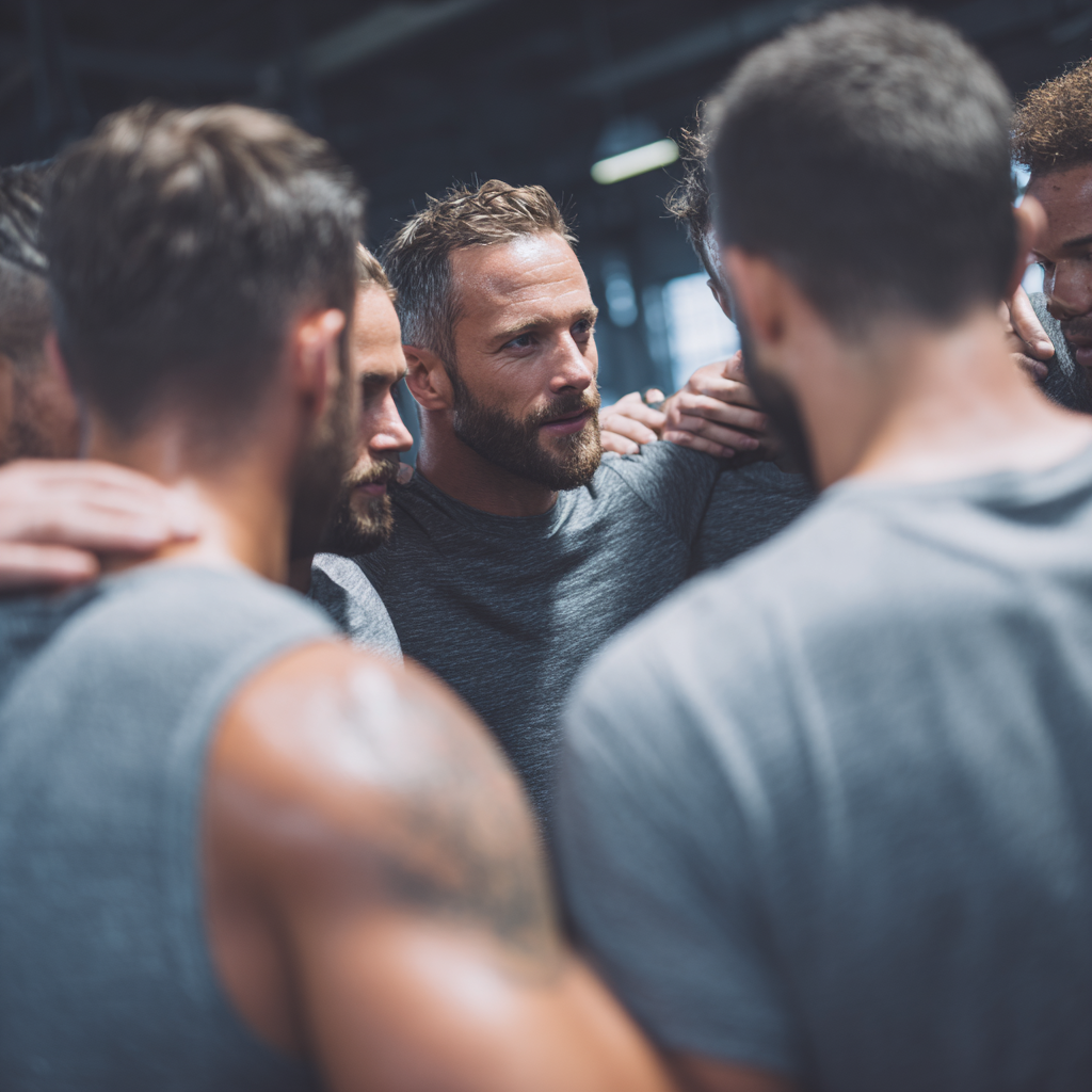 Group of motivated men supporting each other during workout session