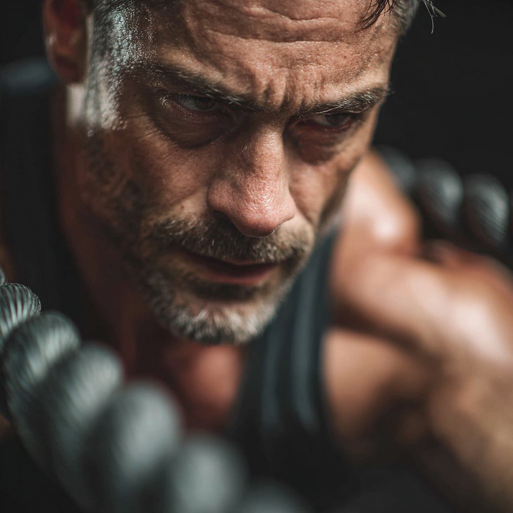 Strong determined man working out with focus and dedication